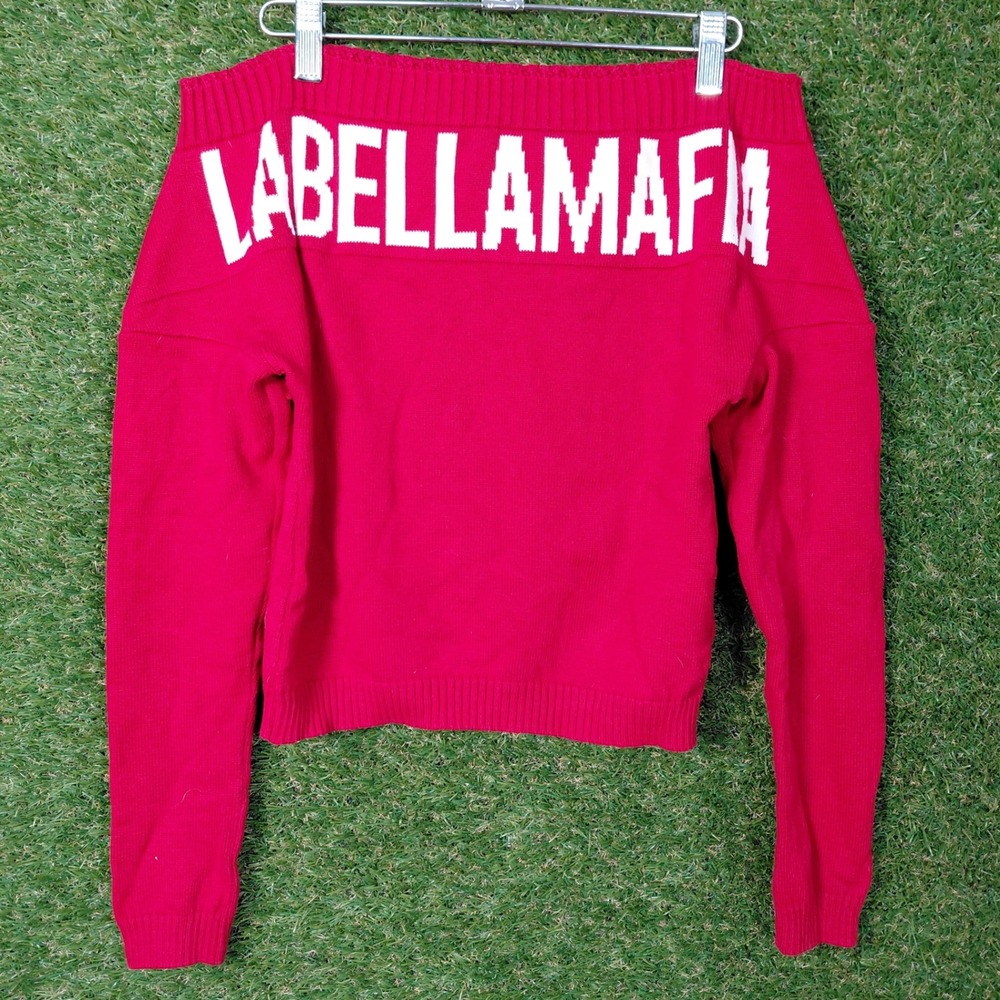 LABELLAMAFIA Red Off Shoulder Knit Sweater Mens Small‎ Cotton Blend